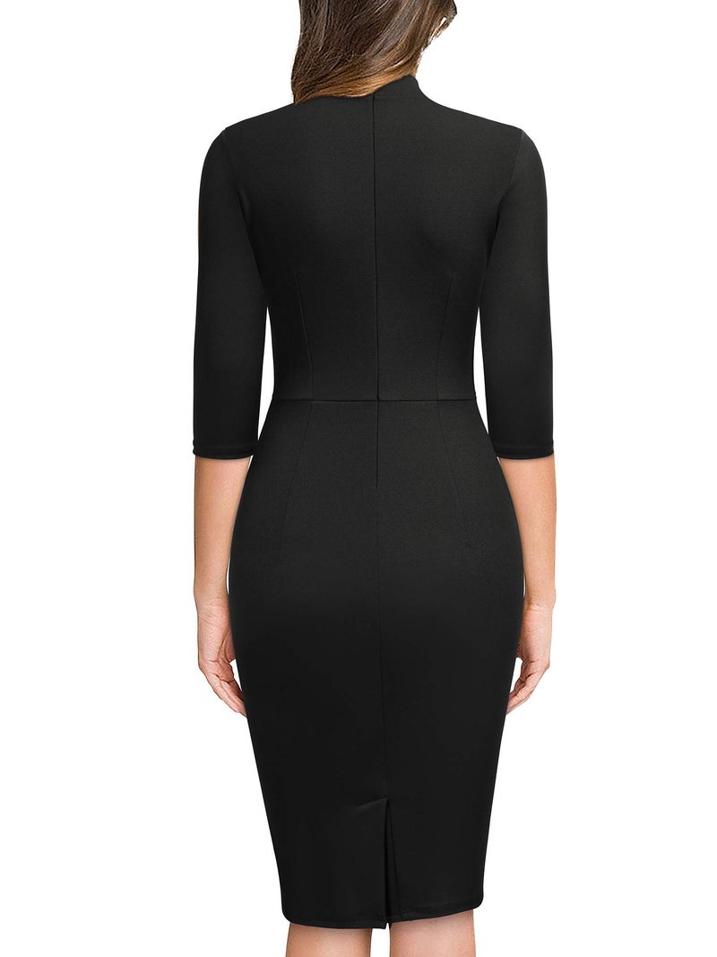 Miusol Women's Retro Half Collar Ruffle 2/3 Sleeve Cocktail Pencil Dress(Large, A-Black) - Image 2